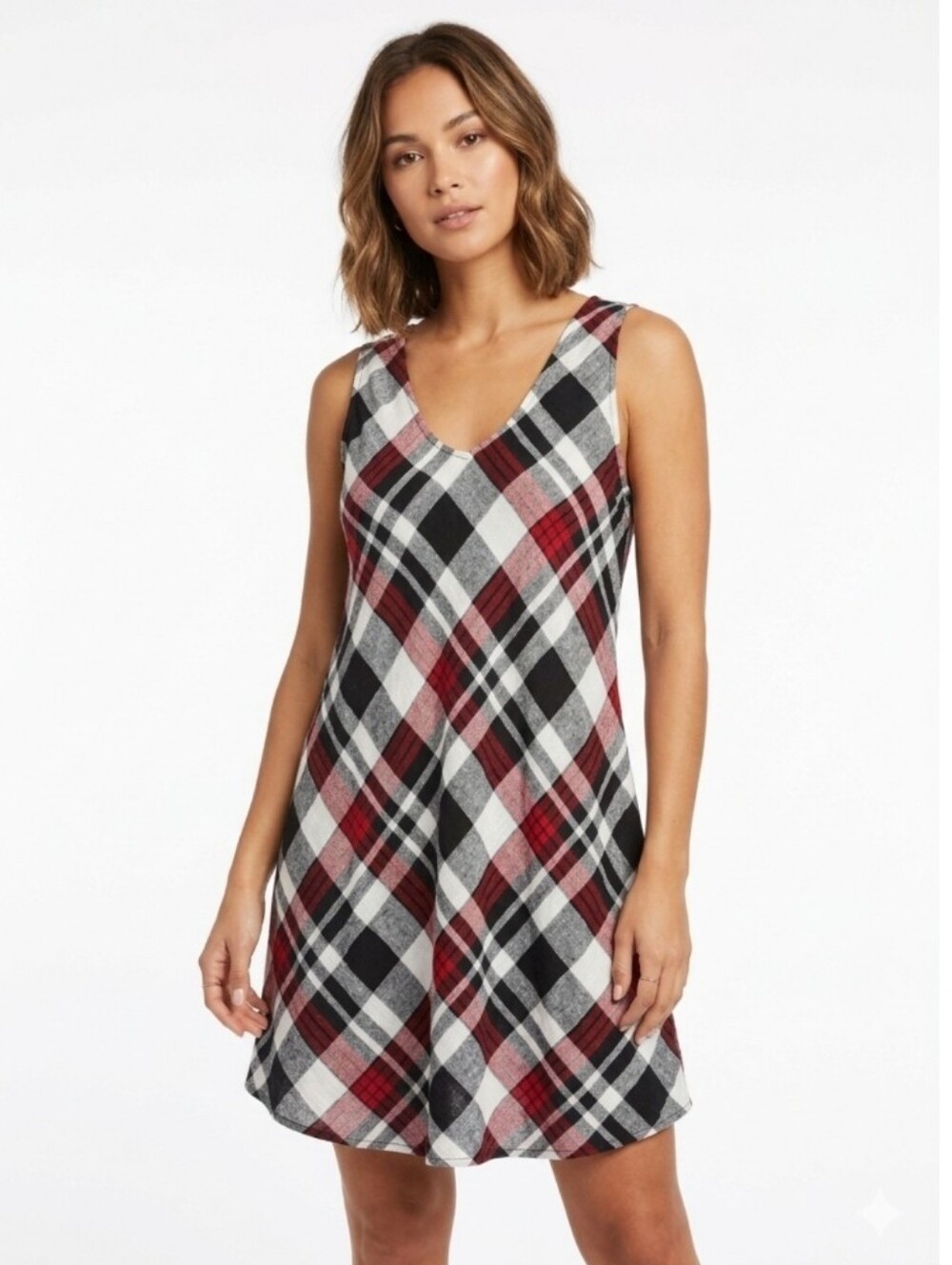 Nicole Miller Linen Rayon Mini Dress V-Neck Sleeveless: Burgundy Plaid Sz S